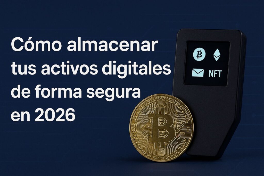Imagen horizontal que muestra un monedero de hardware con íconos de Bitcoin, Ethereum y NFT junto a una moneda dorada de Bitcoin, acompañada del título ‘Cómo almacenar tus activos digitales de forma segura en 2026’ sobre un fondo azul tecnológico.