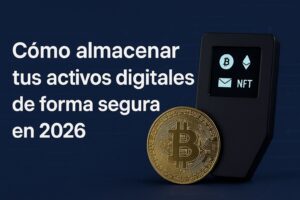 Imagen horizontal que muestra un monedero de hardware con íconos de Bitcoin, Ethereum y NFT junto a una moneda dorada de Bitcoin, acompañada del título ‘Cómo almacenar tus activos digitales de forma segura en 2026’ sobre un fondo azul tecnológico.