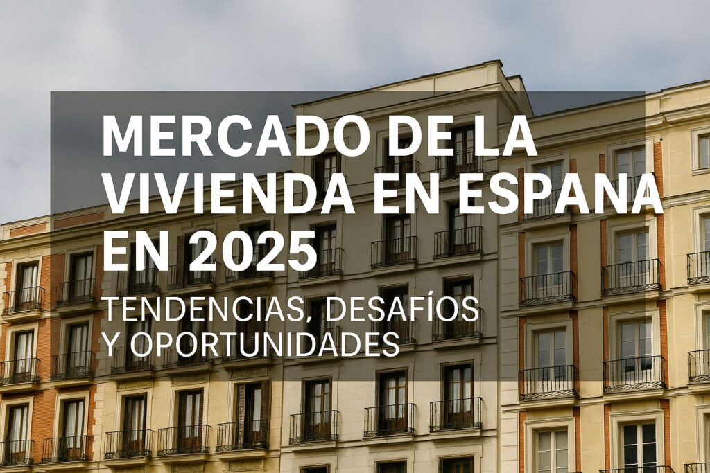 Infografía digital sobre el Mercado de la Vivienda en España 2025, mostrando edificios residenciales modernos, gráficos de precios en ascenso y personas analizando un plano inmobiliario.