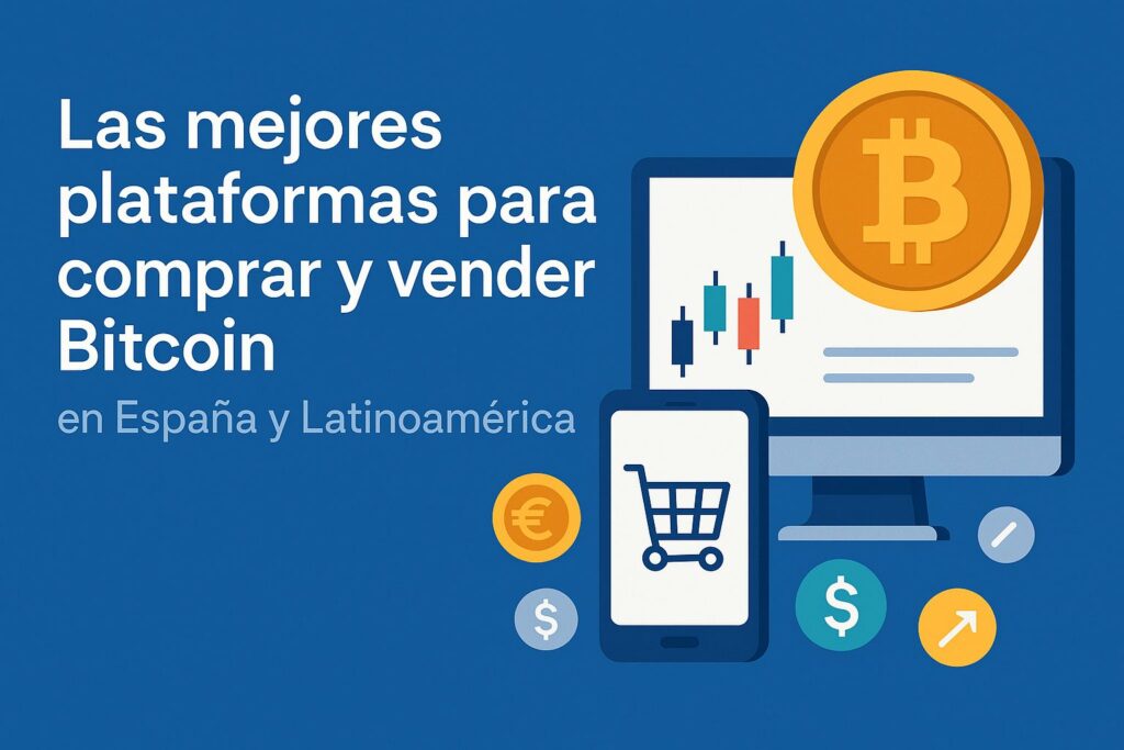Ilustración digital sobre comprar y vender Bitcoin en España y Latinoamérica con gráficos financieros y monedas digitales
