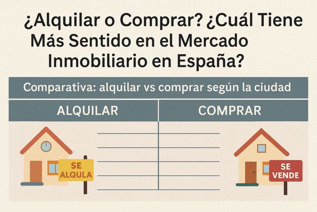 Infografía comparativa sobre alquilar o comprar vivienda en España, mostrando diferencias de precios y rentabilidad entre ciudades españolas como Madrid, Barcelona, Valencia, Málaga y Sevilla.