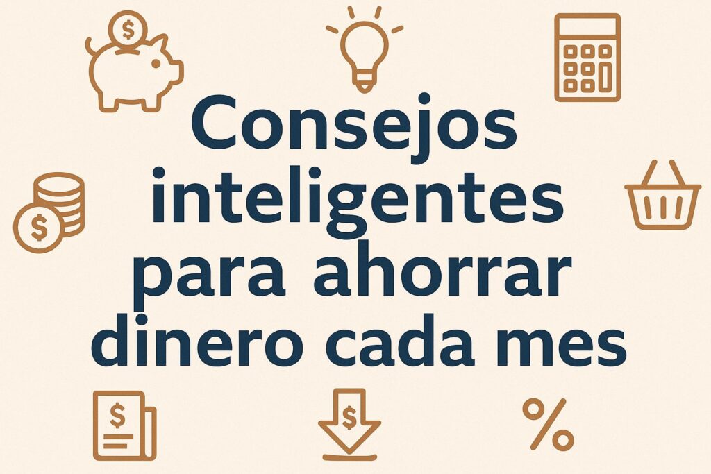A horizontal Spanish banner with the text “Consejos inteligentes para ahorrar dinero cada mes,” surrounded by icons of a piggy bank, calculator, coins, shopping basket, and light bulb, symbolizing smart money-saving tips.